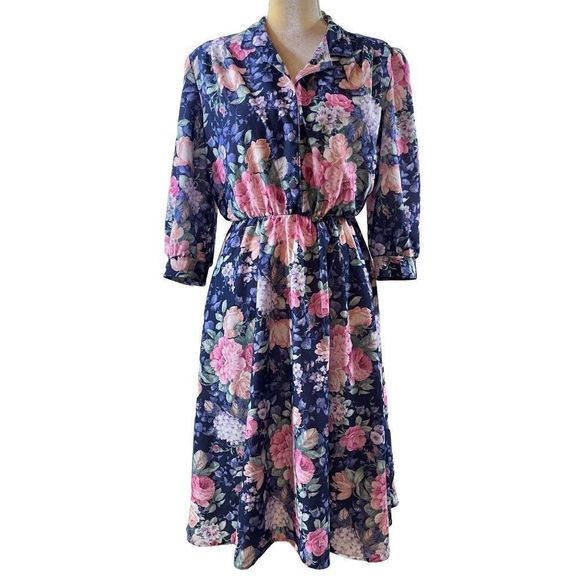 California Looks Dresses & Skirts - 80s Vintage California Looks Dark Blue and Pink Floral Crepe Midi Dress Size 12